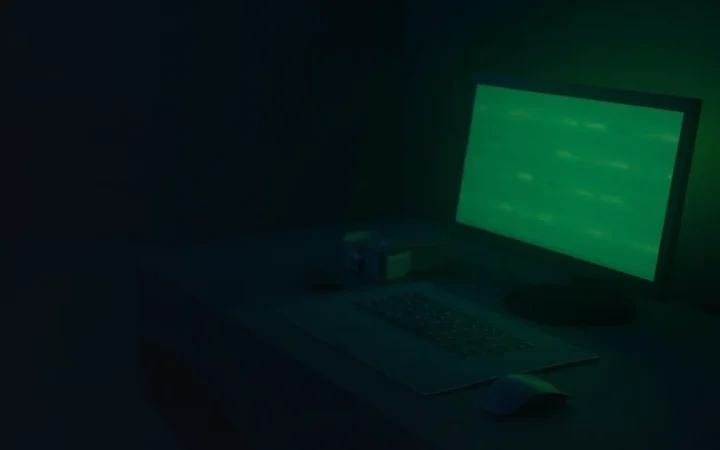 A dark desk with a glowing monitor and blank keyboard.