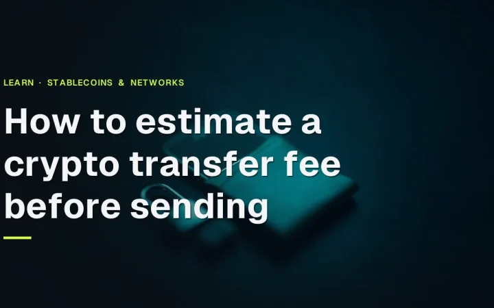 The title How to estimate a crypto transfer fee before sending over a dark desk with a glowing wallet, hardware wallet and padlock.