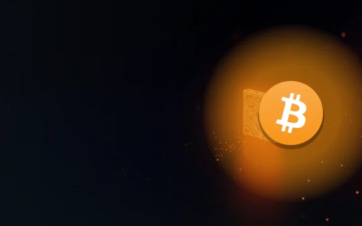 En glødende orange blok med kredsløbsmønstre til højre over en mørk navyblå baggrund med Bitcoin-logoet.