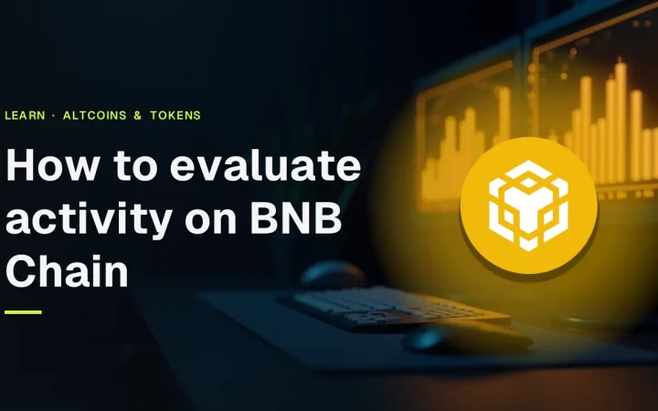 The title How to evaluate activity on BNB Chain with the BNB logo over glowing gold bar charts on a dark desk.