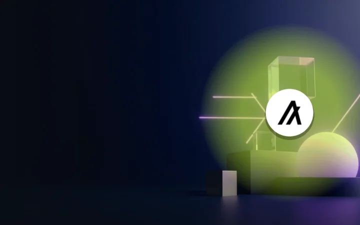 The Algorand logo over glass blocks joined by violet light on a dark navy background.