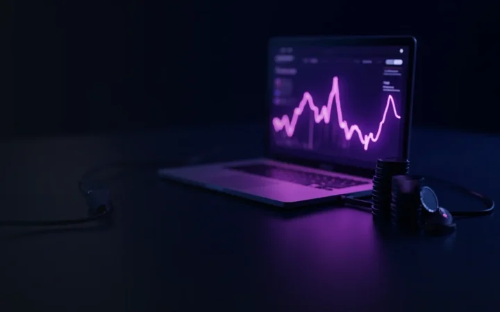 A dark navy scene with a laptop showing a glowing violet chart and blank glass tokens on a desk.