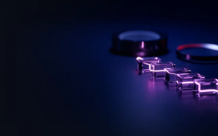 Et mørkeblåt skrivebord med glødende violette glasblokke forbundet af lyse linjer.