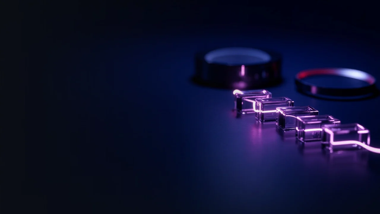 Un bureau bleu marine sombre avec des blocs de verre violet lumineux reliés par des lignes de lumière.