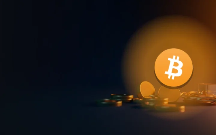 Bitcoin-logoet over mørkeblåt rum med messingskiver, en glasterning og kobbertråd til højre.