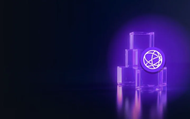 The Celestia logo over glass blocks joined by violet light on a dark navy background.