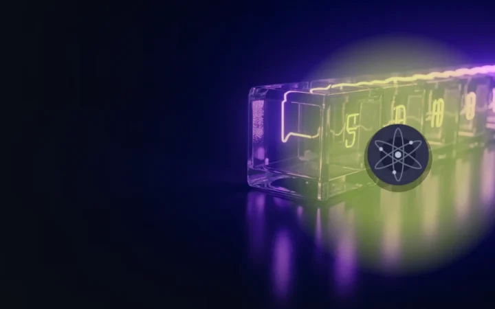 Le logo Cosmos sur un fond sombre de blocs de verre reliés par une lumière violette incandescente.