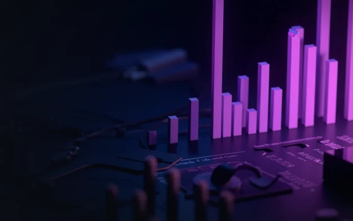 A dark desk with glowing violet bars and dials.