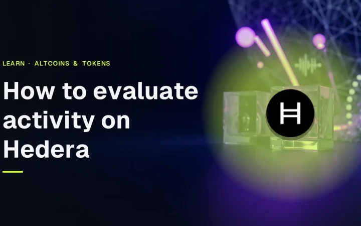 The title How to evaluate activity on Hedera with the Hedera logo over a dark navy background of violet glowing glass blocks and data bars.