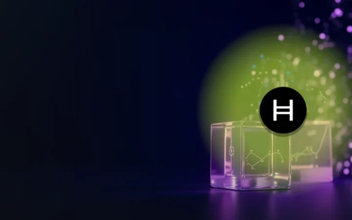 The Hedera logo over a dark navy background of violet glowing glass blocks and data bars.
