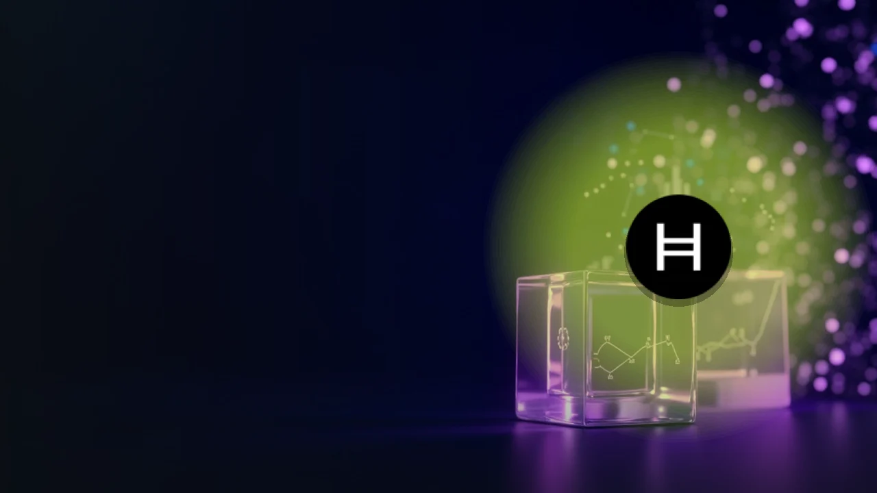 Hedera-logoet over en mørk navyblå baggrund af violette glødende glasblokke og databjælker.