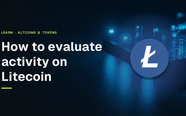 Titlen Sådan vurderer du aktivitet på Litecoin med Litecoin-logoet over et mørkeblåt skrivebord med glødende blå bjælker og indikatorlys.