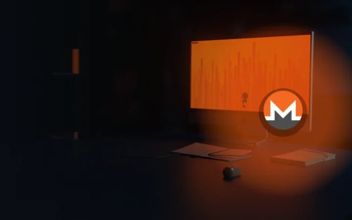 Monero-logoet over et mørkt skrivebord med en glødende skærm og en nøgle.