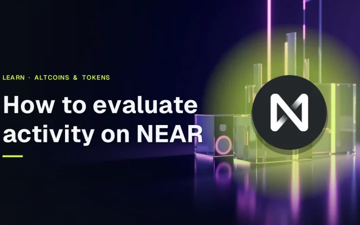 The title How to evaluate activity on NEAR with the NEAR logo over glass blocks and glowing bars on a dark navy background.