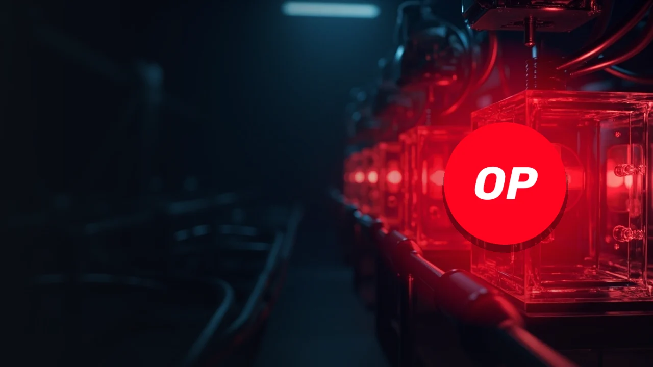 El logotipo de Optimism sobre bloques de cristal brillantes unidos por luz roja sobre un fondo azul marino oscuro.