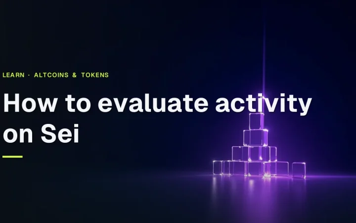 The title How to evaluate activity on Sei over a dark navy background with glass blocks joined by violet light.