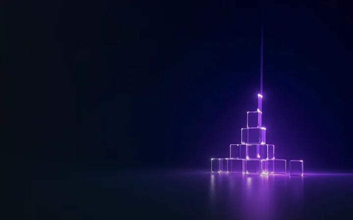 A dark navy background with glass blocks joined by violet light.