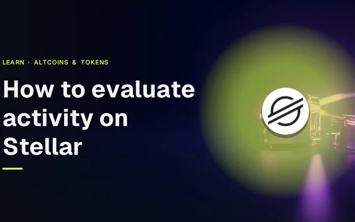 The title How to evaluate activity on Stellar with the Stellar logo over glowing violet glass blocks on a dark navy background.