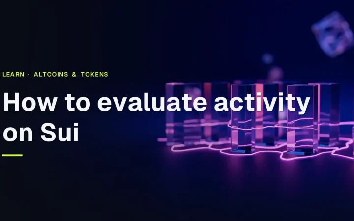 The title How to evaluate activity on Sui over a dark navy background with glowing glass blocks joined by violet light.