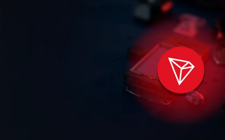 The TRON logo over a dark navy scene with a hardware wallet, steel plate, padlock, and shield on the right.