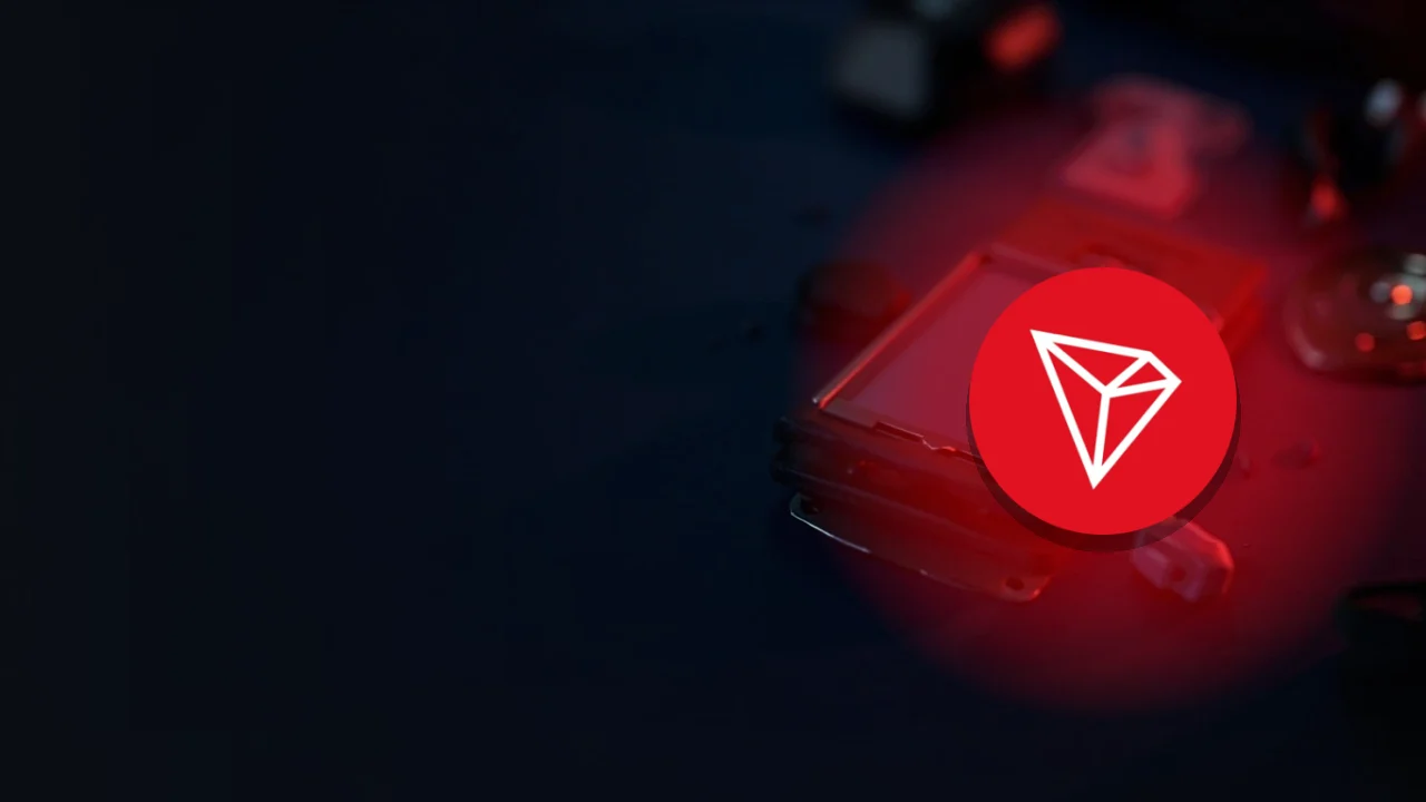 TRON-logoet over en mørk navy-scene med en hardware wallet, stålplade, hængelås og skjold til højre.