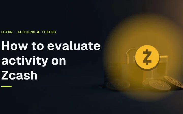 The title How to evaluate activity on Zcash, the Zcash logo and a dark navy background with blank coins, a glass cube and a padlock in gold light