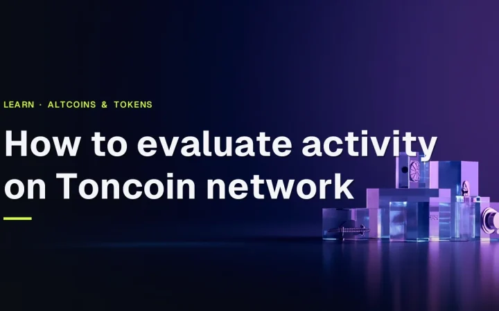 The title How to evaluate activity on Toncoin network over glowing glass blocks and panels on a dark navy background.