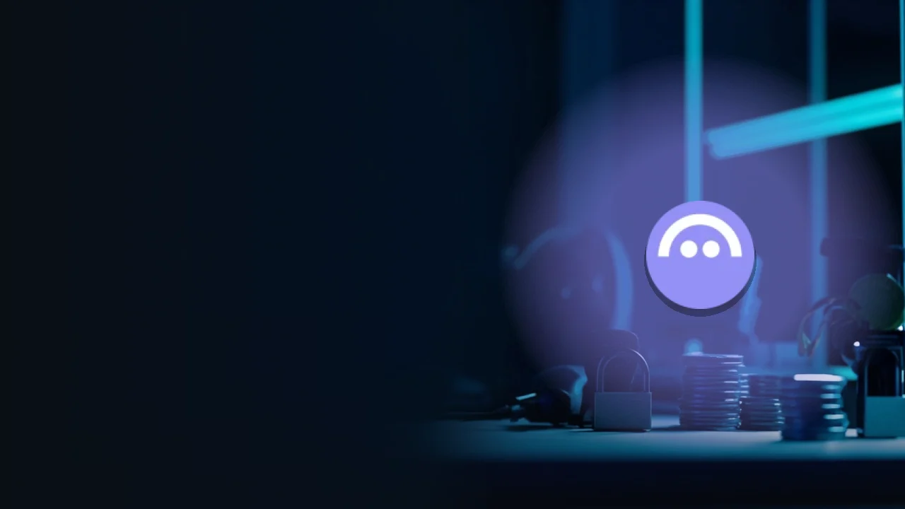 Aave-logoet over en mørk navy scene med mønter, et pengeskab og en hardware-wallet.
