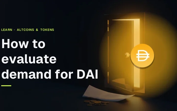 The title How to evaluate demand for DAI and the Dai logo over a dark navy background with a glowing gold vault door and blank coins.