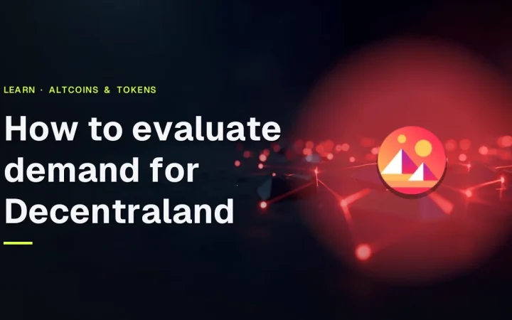 Titlen og Decentraland-logoet over mørke glasjordlodder forbundet af røde lyslinjer på en marineblå baggrund.
