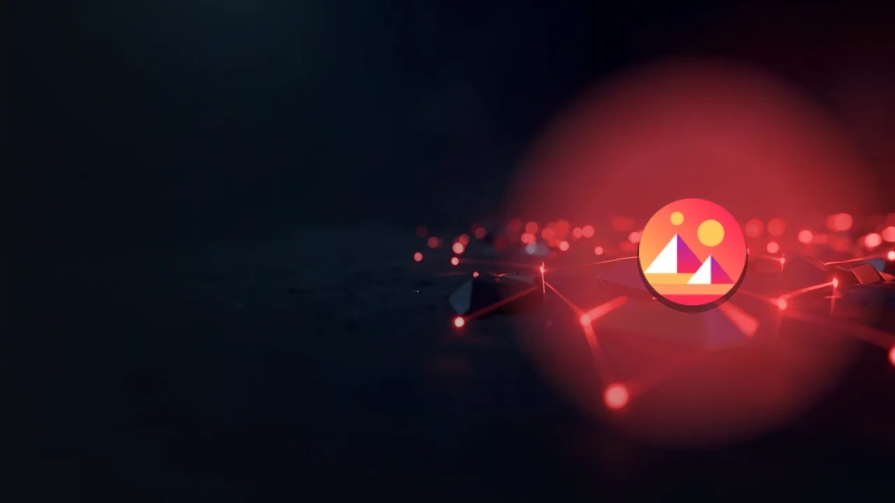 Decentraland-logoet over mørke glas-landparceller forbundet af røde lyslinjer på en navy baggrund.