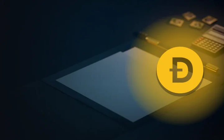 Dogecoin-logoet over et mørkt skrivebord med blanke formularer, en lommeregner, en pen og en mappe.