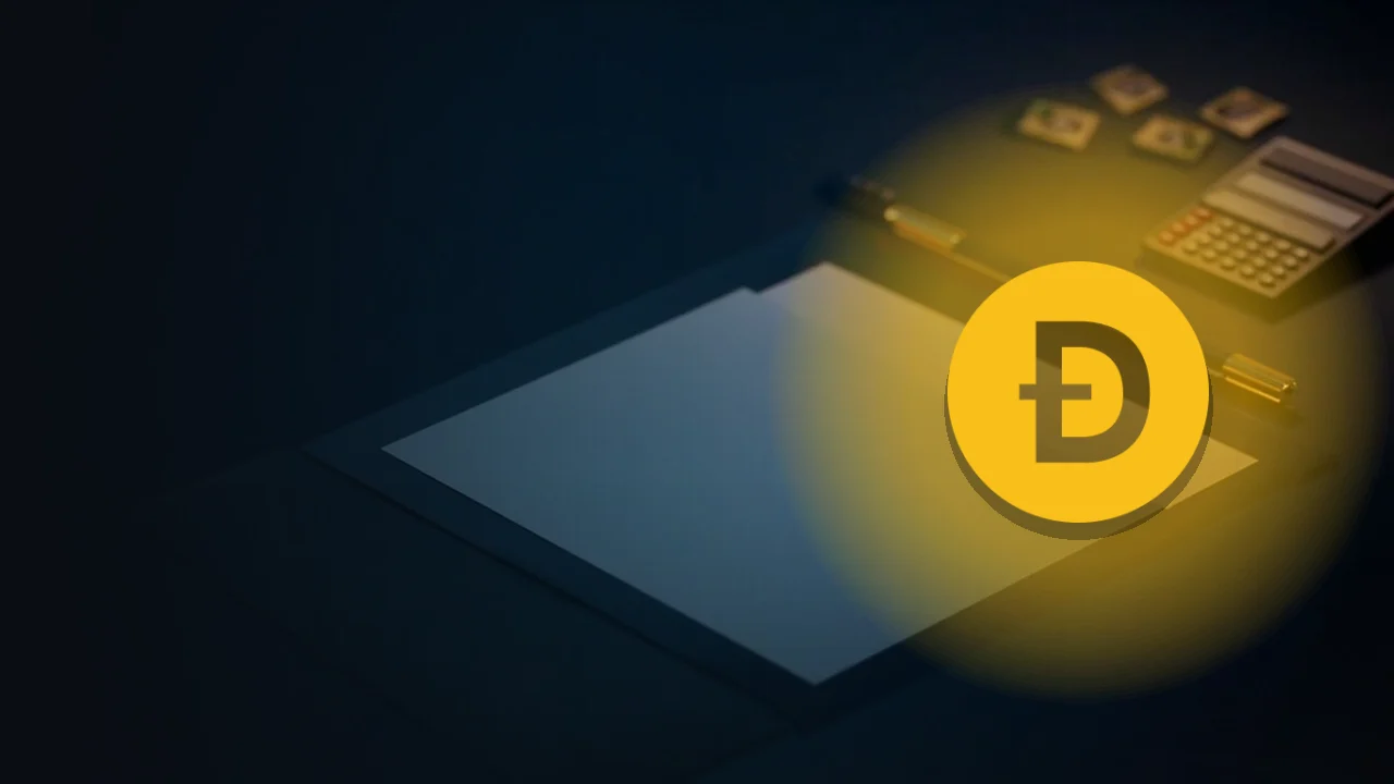 Dogecoin-logoet over et mørkt skrivebord med blanke formularer, en lommeregner, en pen og en mappe.