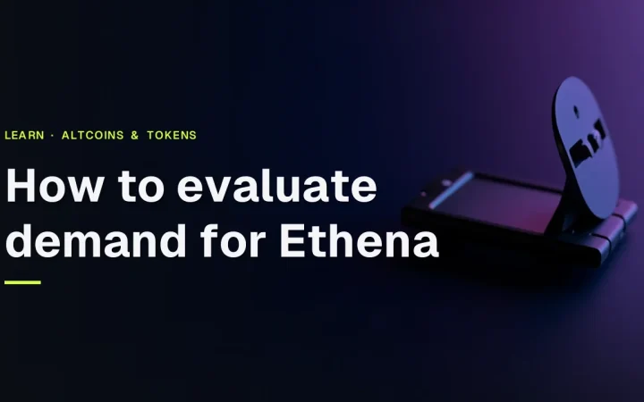 How to evaluate demand for Ethena, with a hardware wallet, steel plate, padlock, and shield in violet on dark navy.
