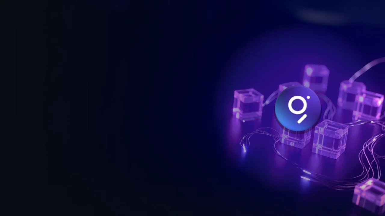 Le logo de The Graph sur un fond bleu marine foncé avec des blocs de verre violet lumineux et des filaments lumineux à droite.