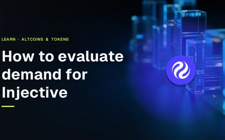 The title How to evaluate demand for Injective with its logo over glowing blue bars and dials on a dark navy background.