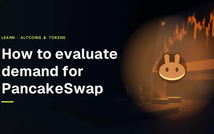 The title How to evaluate demand for PancakeSwap with its logo over a dark desk with glowing orange bar graphs and blank coins.