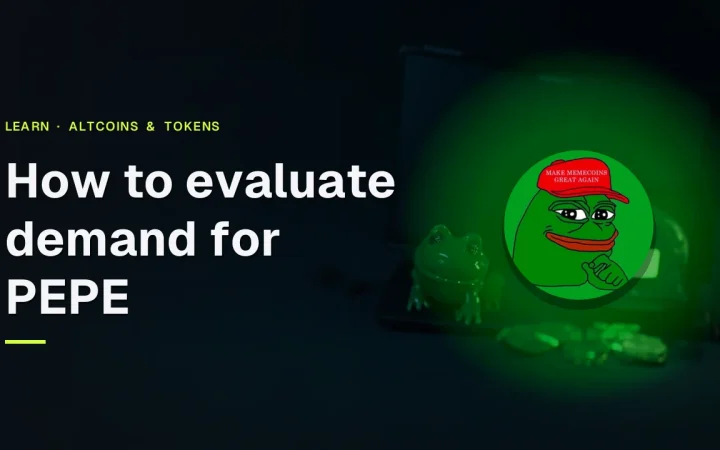 De titel Hoe de vraag naar PEPE te beoordelen met het Pepe-kikkerlogo boven een donker bureau met een blanco scherm en een groen kikkerfiguur.