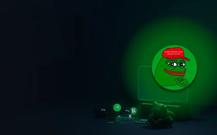 Pepe-logoet over et mørkt skrivebord med en tom skærm og en grøn frøfigur.