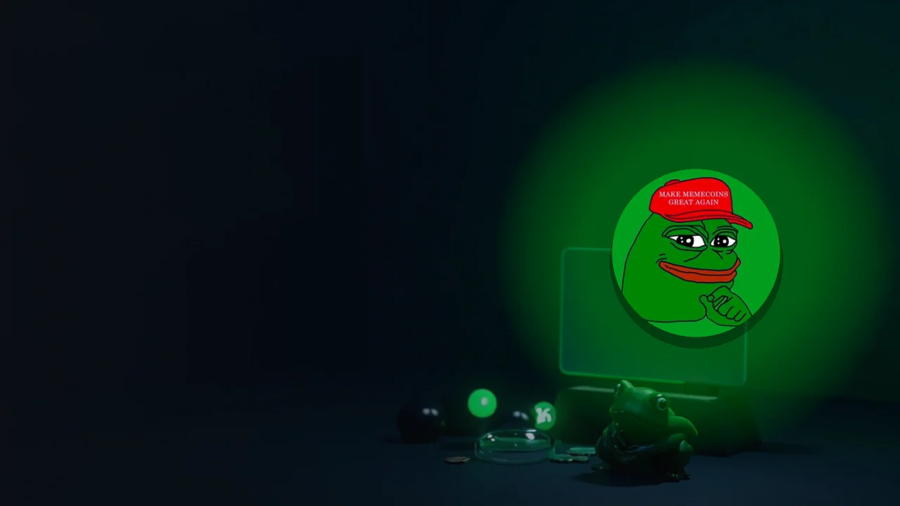 Pepe-logoet over et mørkt skrivebord med en tom skærm og en grøn frøfigur.