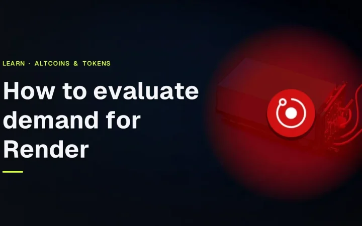 The title How to evaluate demand for Render and the Render logo over a dark navy scene with blank GPU cards and a server rack glowing red.