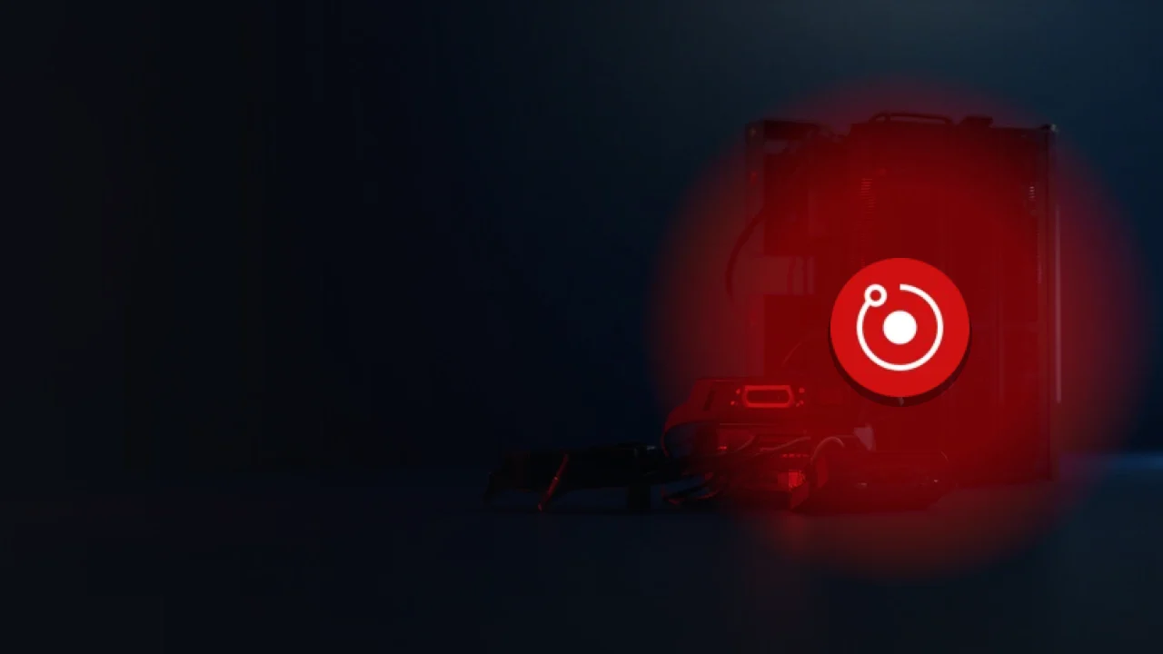 The Render logo over a dark navy scene with blank GPU cards and a server rack glowing red.
