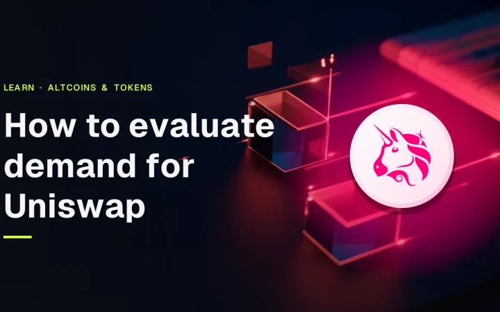 The title How to evaluate demand for Uniswap with its logo over a dark desk of glass blocks and glowing charts.