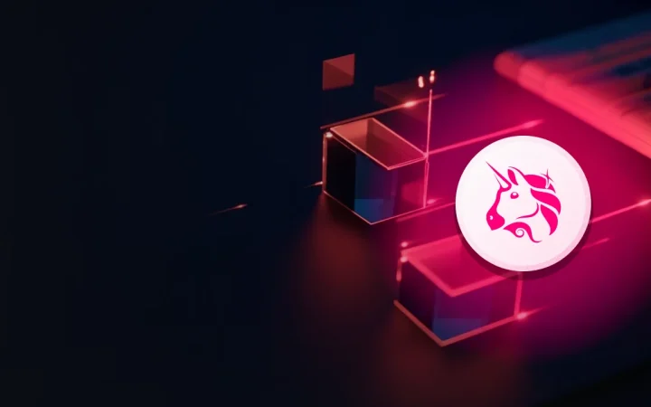 어두운 책상 위 유리 블록과 빛나는 차트 위에 놓인 Uniswap 로고.