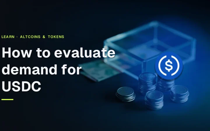 Cover with the title How to evaluate demand for USDC, the real USD Coin logo and a dark navy background of blank coins, a glass vault and blank paper.