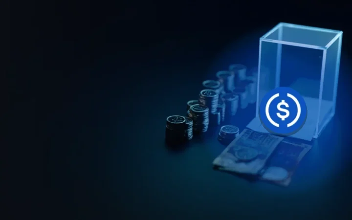The USD Coin logo over a dark navy background of blank coins, a glass vault and blank paper.