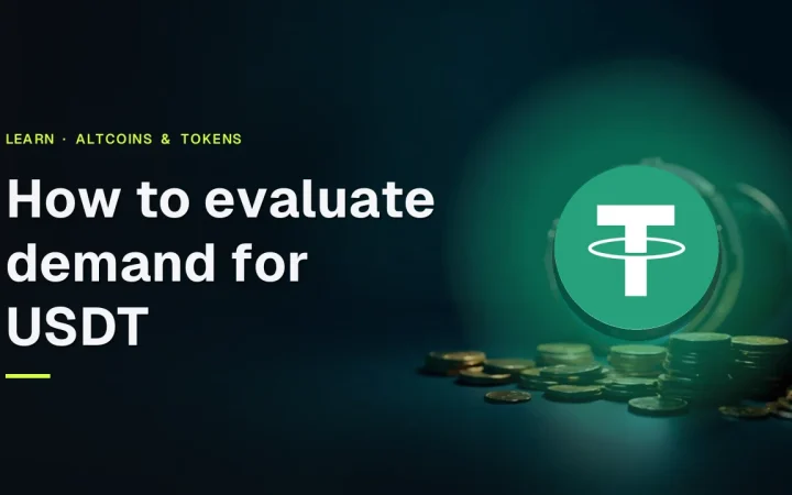 The title How to evaluate demand for USDT with the Tether logo over stacks of blank coins and a glass vault on a dark navy background.