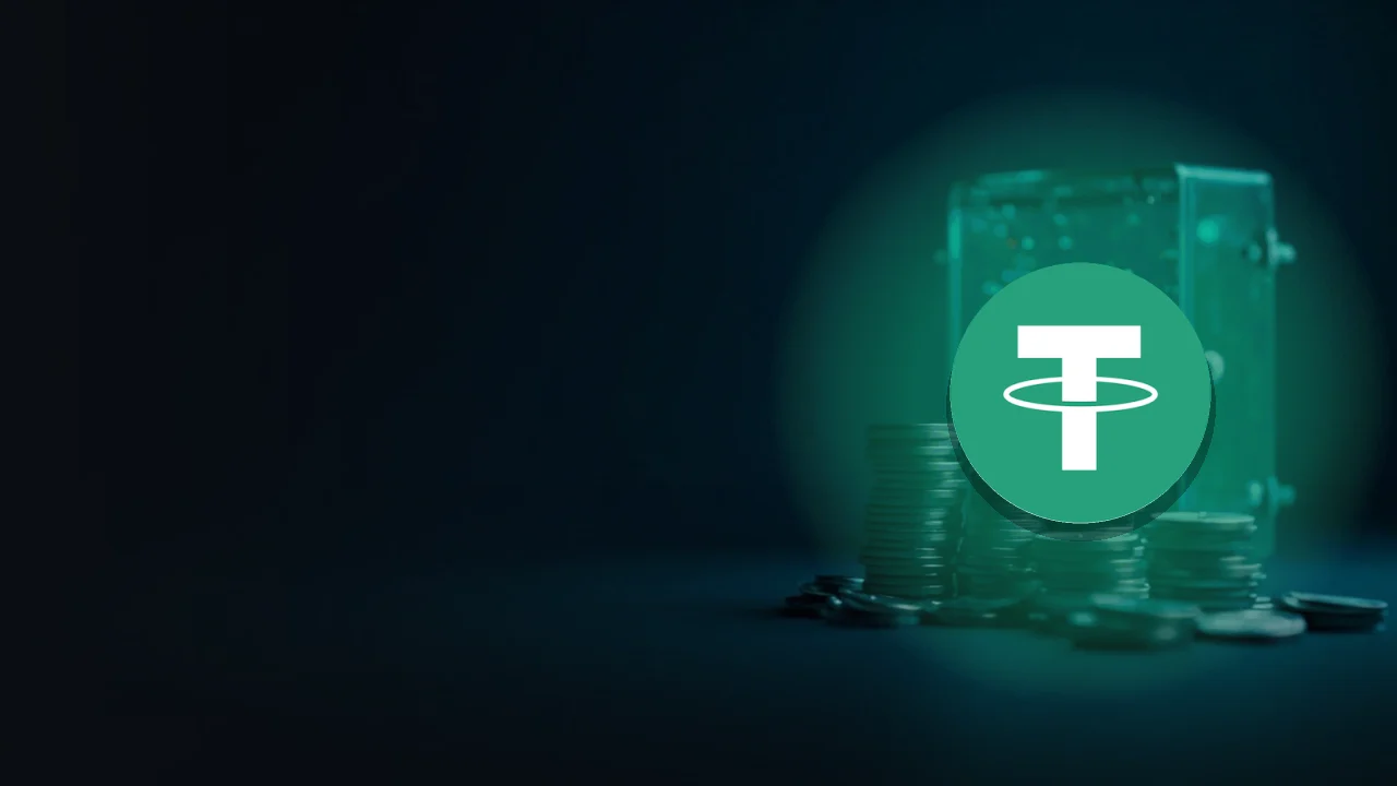 Tether-logoet over stabler af blanke mønter og et glasvælving på en mørk navybaggrund.