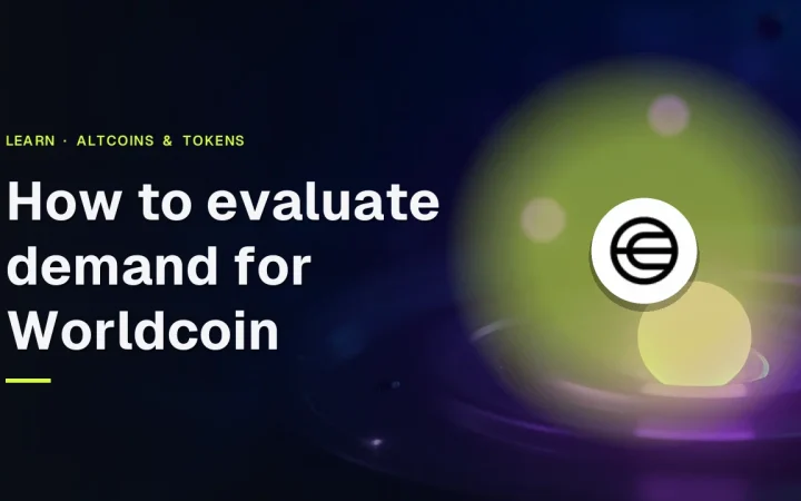 Titlen Sådan vurderer du efterspørgslen efter Worldcoin og Worldcoin-logoet over en mørk baggrund med en glødende violet kugle.