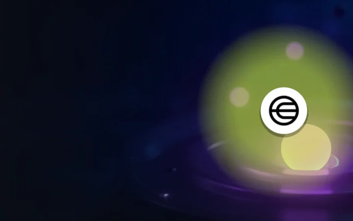 Worldcoin-logoen over en mørk bakgrunn med en glødende fiolett kule.